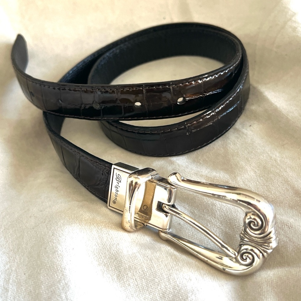 Brighton Dark Brown Croc-Embossed Leather Belt with Decorative Silver Buckle